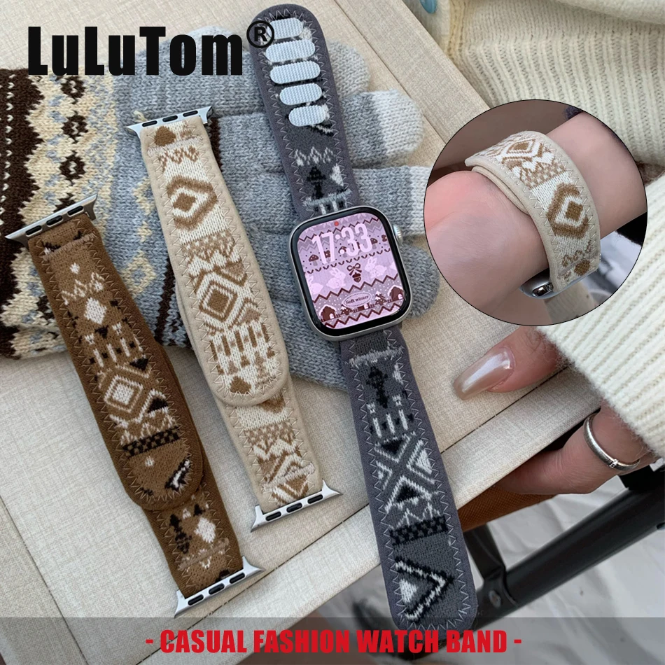 

Vintage Elk Corduroy Watch Band for Apple Watch Series 11 10 9 8 7 6 SE UItra iWatch 49/46/45/44/42/41/40/38 Velcro Fabric Strap