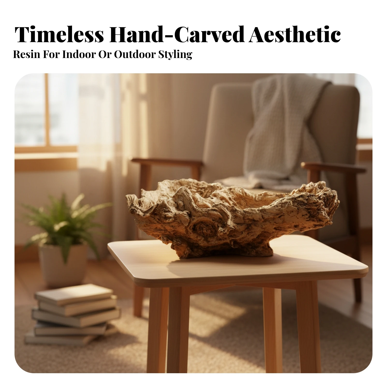 Planter with Faux Wood Bark Appearance Shallow Boat-Like Planter Pot Vintage Container Realistic for Tabletop, Windowsill