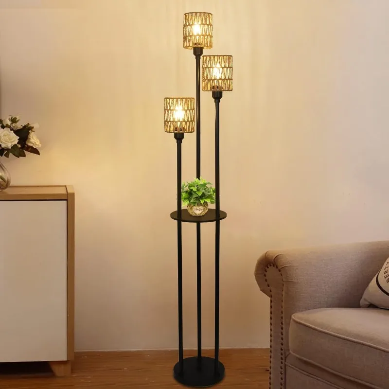 

Floor Lamp with Shelves, 3-Lights Farmhouse Tall Floor Lamp with ON/Off Foot Switch, Rustic Standing Lamp with Rattan Shade