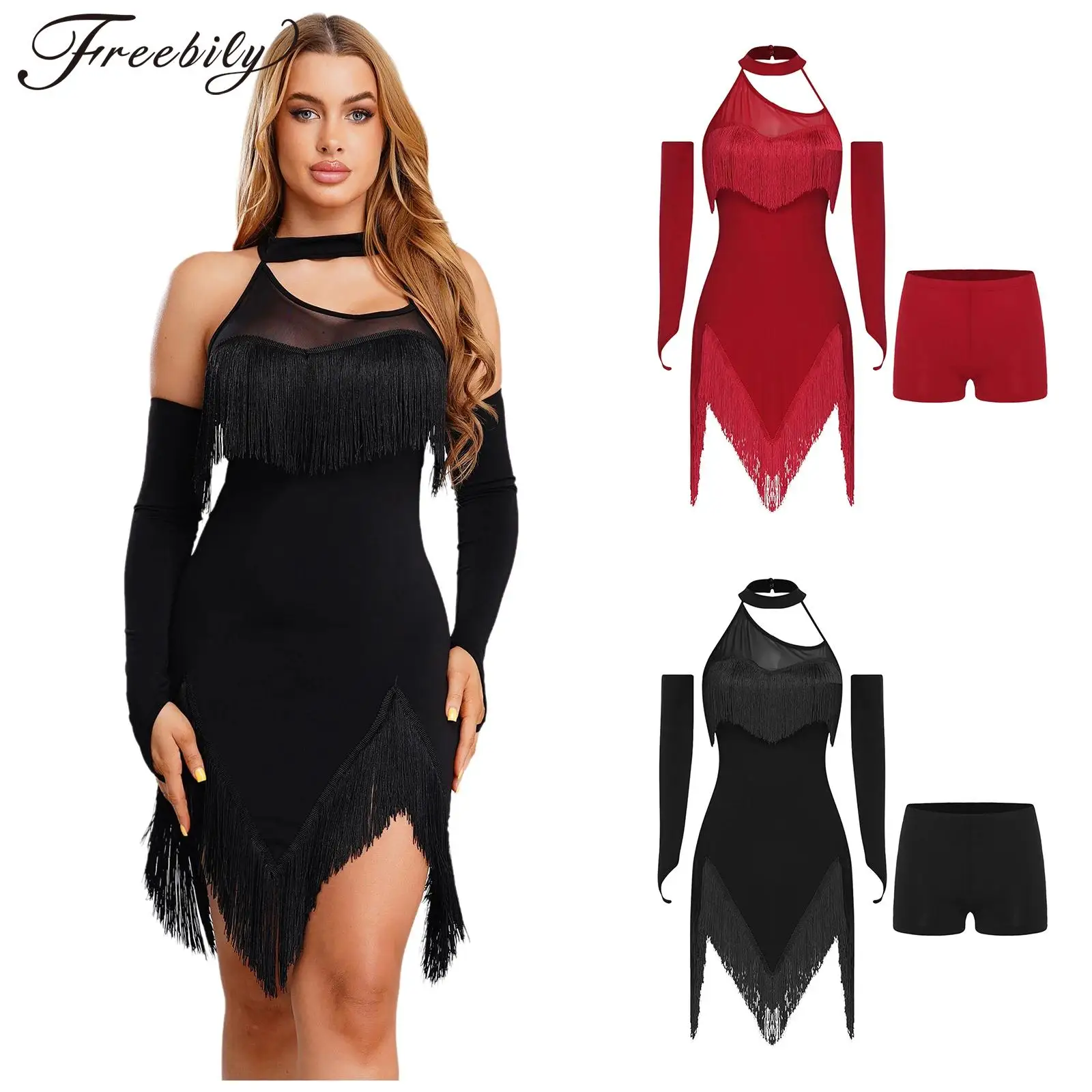

Womens Fringed Latin Chacha Dance Costume Dress with Gloves Halter Dress Ballroom Line Dancing Tassel Cocktail Party Outfit