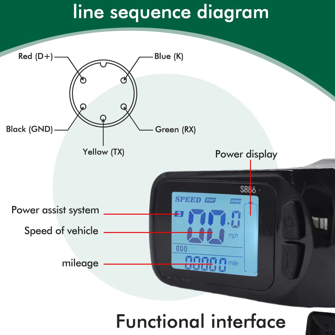 E-bike LCD S886 Colorful Display Meter 24V-60V SM/Waterproof Connection Plug Electric Bicycle Display With USB UART