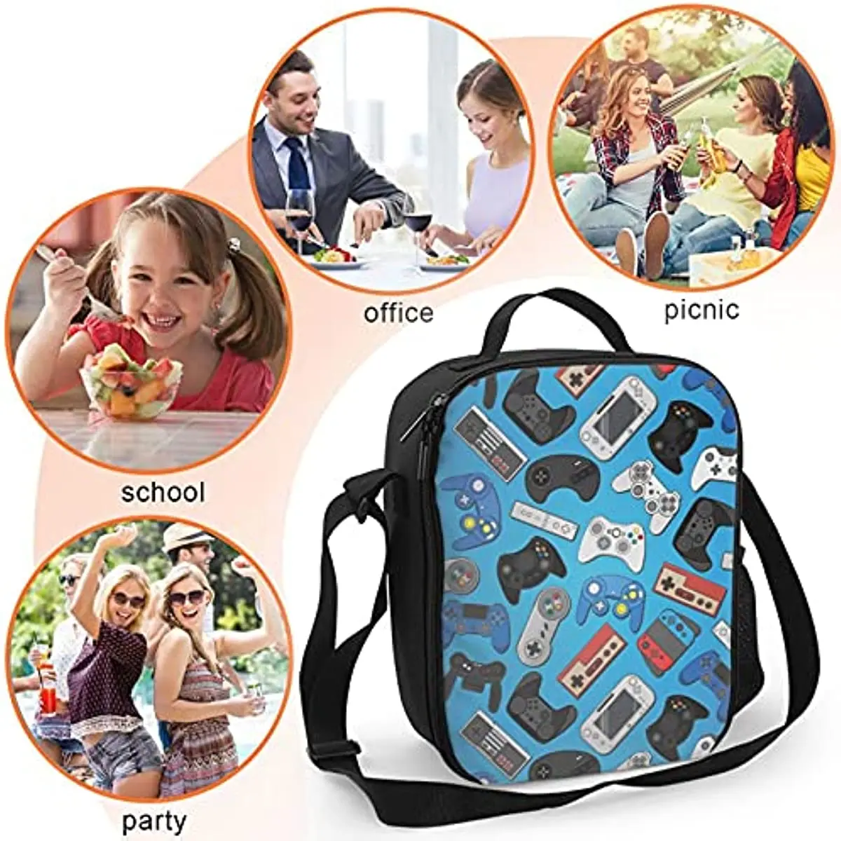 Video Game Controller Background Insulated Lunch Bag Reusable Tote Bag Lunch Box Food Container For Men Women Kids