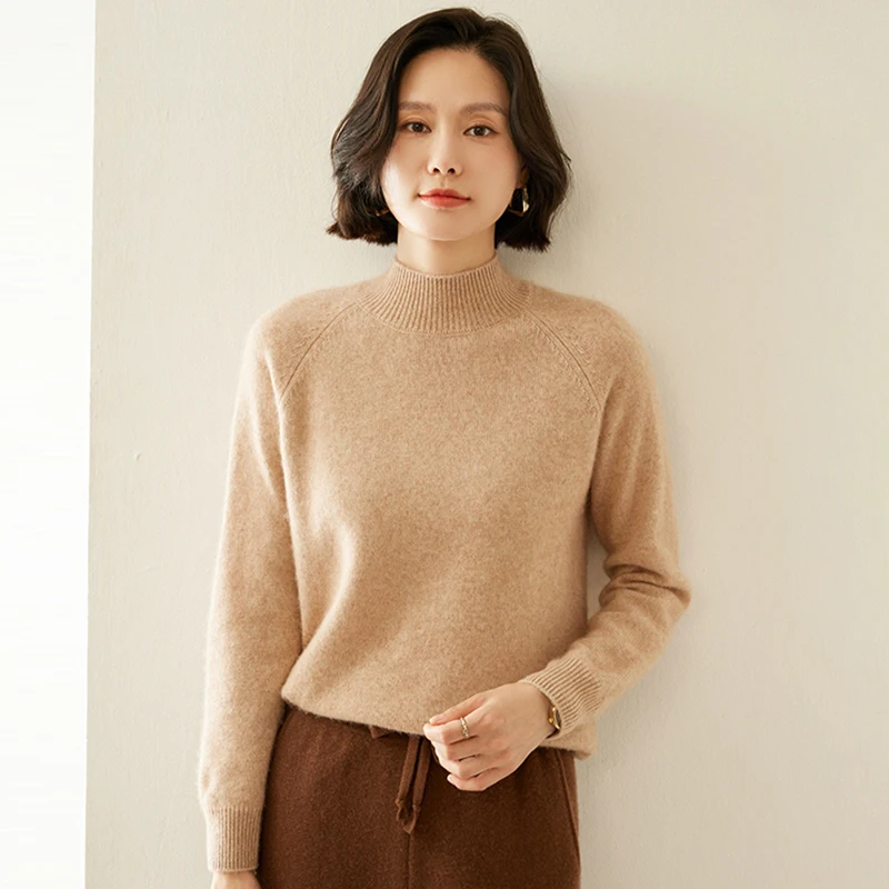 

Autumn Winter Women's 100%Cashmere Sweater Thickened Half High Collar Wool Base Layer Needle Knitted Soft Comfortable Top Simple