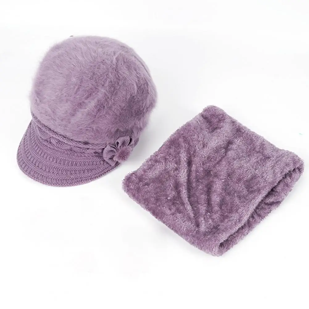 2Pcs Autumn Winter Beanies Caps Neck Warmer Knitted Peaked Flower Pompom Decor Thermal Middle-aged Women Knitted Hat Scarf Set