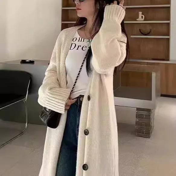Długi Płaszcz Dzianinowy, Dekolt V, Ukośne Guziki, Temperament, Kardigan Pod Sweter, Damski Luźny Zimowy 2025