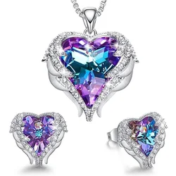 Angel Wing Love Heart Crystal Necklaces and Earrings Set Birthday/Anniversary Gifts for Mom/Wife/Sister/Best Friend