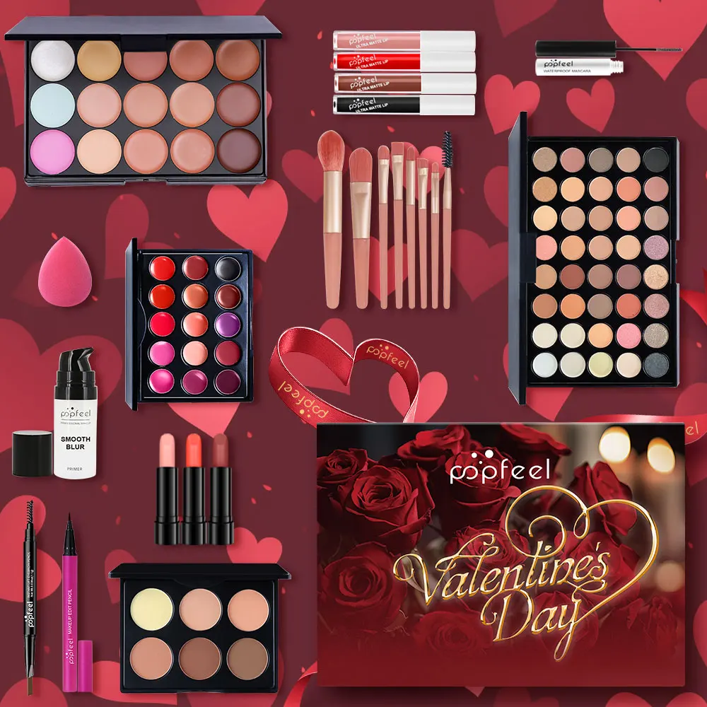POPFEEL 24-delige Valentijnsdag make-upset - Complete make-upkit met oogschaduw, concealer, primer, lippenstift, wenkbrauwpotlood.