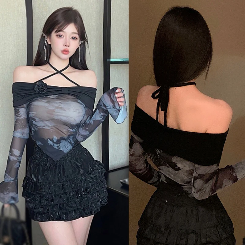 Women\'s Crop Top Korean Version Off Shoulder Tie-Dye Irregular Slim Sexy Fashion Mesh Sunscreen Long Sleeves Crop Top