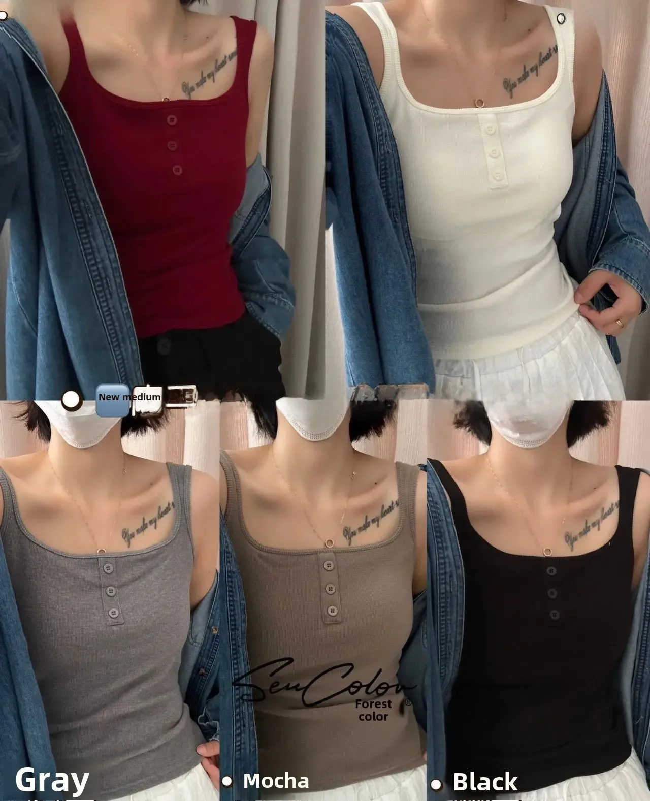 Button-Up Frock Vest Women's Slimming Autumn Winter Cotton No-Sleeve Top with Chest Pad Adjustable Strap Versatile Inner Wear