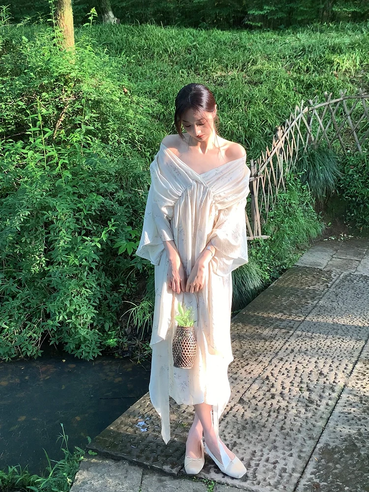 

New Chinese Sle Midi Dr Women's Summer High Waist Irregular V-Ne Long Skirt Vintage Floral Print Two-Piece Suit