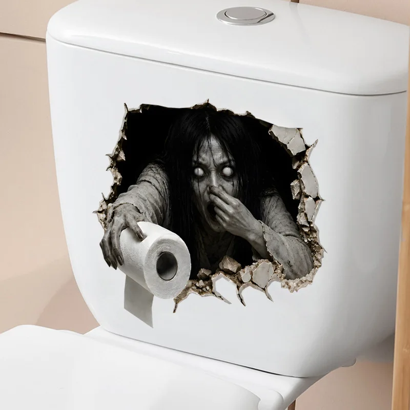 Haunted House Ghost Wall Stickers, Broken Wall Effect Self-Adhesive Decals, Scary Creepy Halloween Decorations for Bathroom