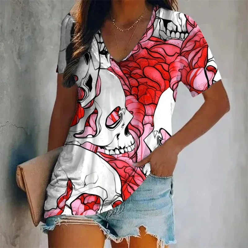 New Summer Women Fashion T-shirt Skull Printing V-Neck Tops Tees Female Vintage Short Sleeve Clothing Ladies Daily Casual Outfit