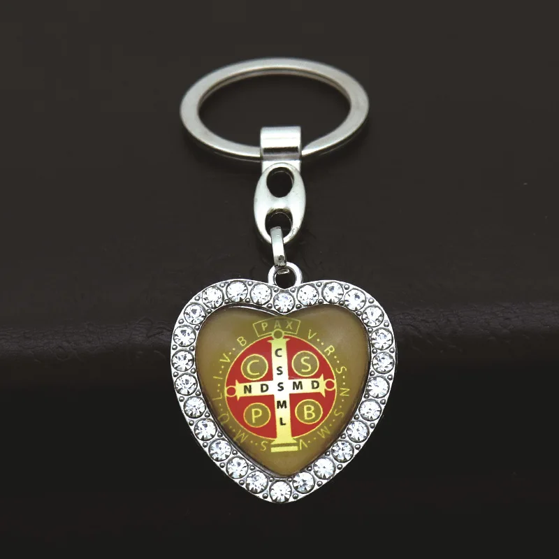 Crystal Heart Cross Jesus Keychain For Women Men Rhinestones Crucifix Key Chain On Bag Car Trinket Catholic Jewelry Pray Gift