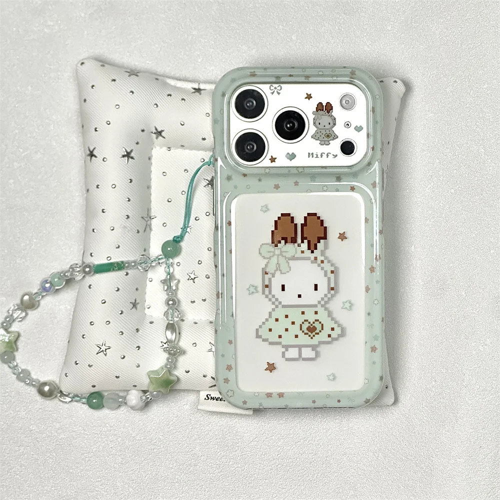 Cute Miffy Pixel Green Case For iPhone 15 16 17 ProMax With Green Bead Chain Lanyard Cross Stitch Style Shockproof Cover Girls