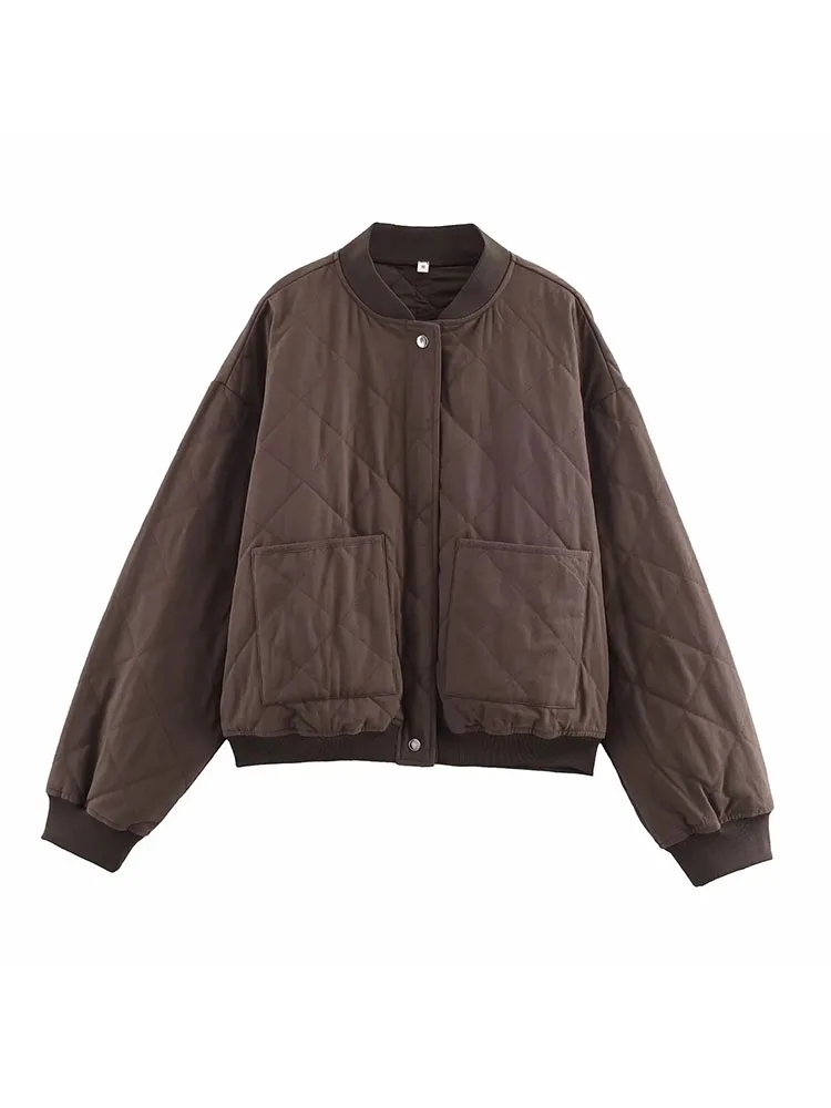 

Женская осень-зима 2023, новая винтажная повседневная шикарная куртка-бомбер, однотонная куртка-бомбер на молнии с круглым вырезом и карманами, пальто с длинными рукавами, модная верхняя одежда