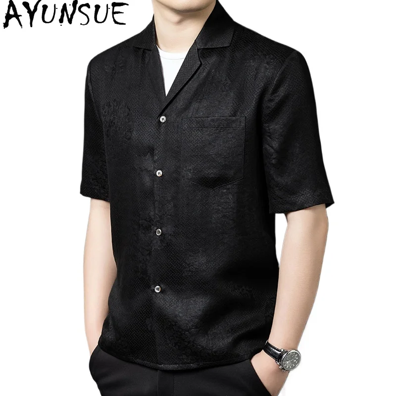 

AYUNSUE 100% Real Mulberry Silk Shirts for Man Luxury 2026 Summer Top High Quality Gauze Silk Shirt Sleeve Shirts Men Clothing