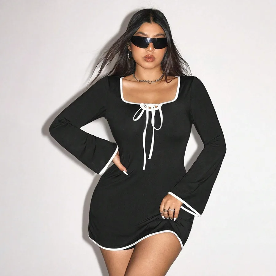 

【New style】 large-size women's clothing pure desire sweet spicy dress spring and summer new square collar flared sleeves cont