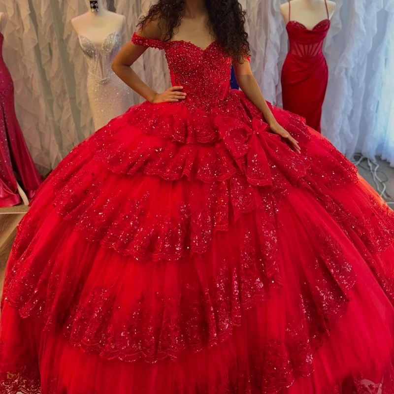 

Red Quinceanera Dress 2024 Applique Lace Tull Vestidos De 15 Años Ball Gown Sweet 16 Birthday Party Gown Pageant Miss