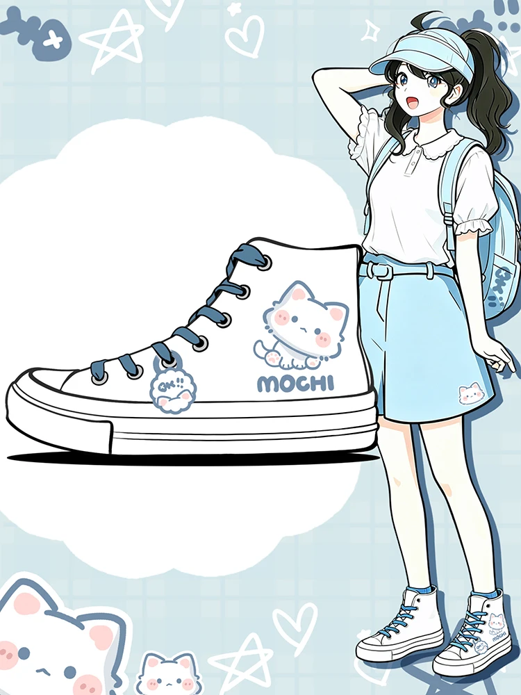 Amy und Michael Kawaii Kitty Cartoon Schuhe Damen High-Top Canvas Schuhe Niedliche Schnürschuhe für Teenager-Mädchen und Studenten – Detail 3