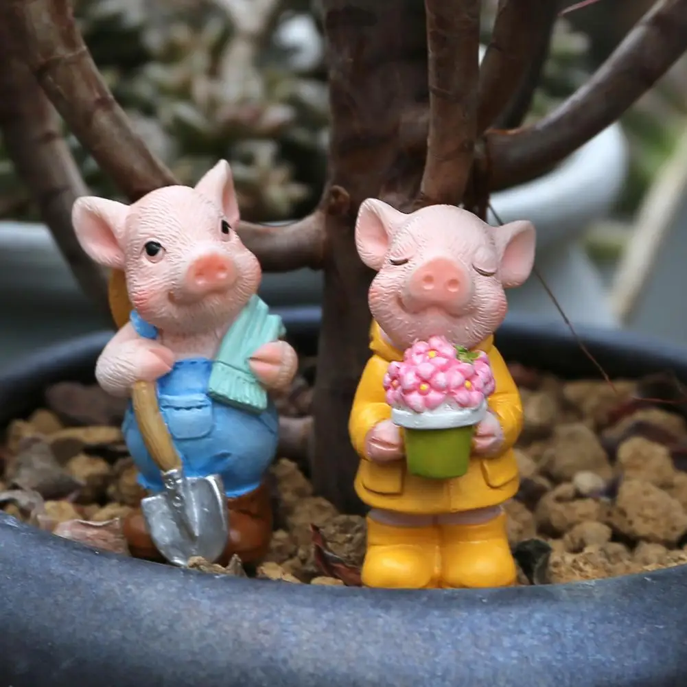 Outdoor Balcony Decor 2pcs Mini Pig Figurines Set Durable Resin Micro Landscape Ornaments Waterproof Fairy Garden for Potted