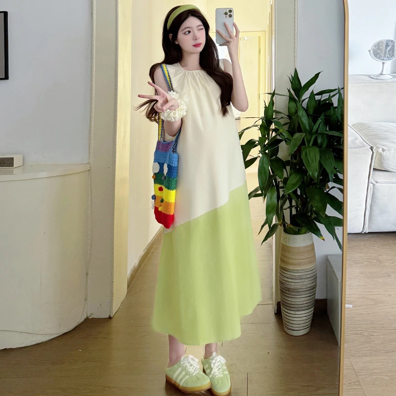 

25SS Summer Korean Fashion Sleeveless Patchwork Color Block Maternity Long Dress Sweet Loose Fit Clothes for Pregnant Women