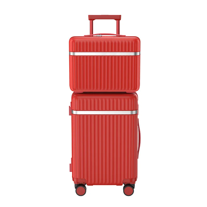 

Red suitcase, festive travel trolley case, password.