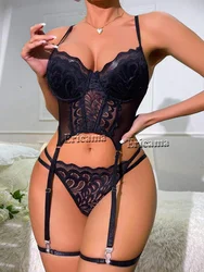 2-Piece Sexy Underwire Push Up Bra Set Erotic Intimates Spaghetti Strap Lingerie Set Lace Bodysuit Women Backless Sexy Costumes