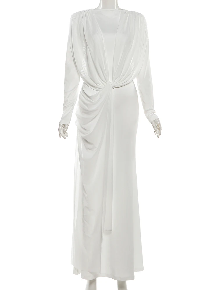 Whatiwear Casual Fashion Long Dress Woman Mesh Shawl Patchwork o-Neck Full Sleeve Kink Design Prom Party Ruched Elegant Vestidos