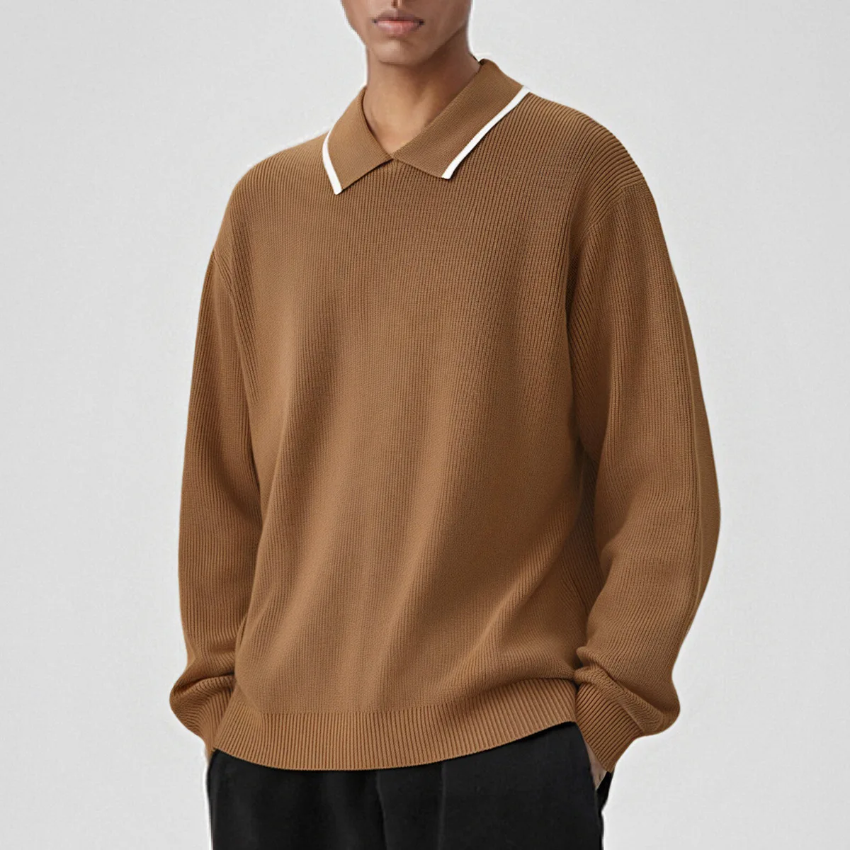 Sweter Rajut Kerah Lipat Musim Gugur Pria Longgar Kasual Gaya Jalanan Korea Fashion Vintage Pullover Sweater Jumper Rajutan Atasan