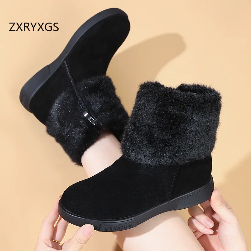 ZXRYXGS طبقة الرأس البقرة المدبوغ النساء أحذية الثلوج الأحذية 2025 موضة جديدة أنيقة الشتاء القطن الأحذية شقة لينة وحيد أحذية كبيرة الحجم
