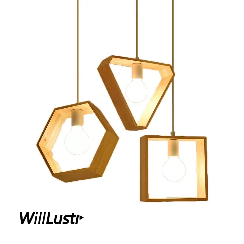 Solid Wood Geometric Pendant Lamp Suspension Light Hotel Cafe Bar Dining Room Shop Wooden Hanging Ceiling Chandelier image 2