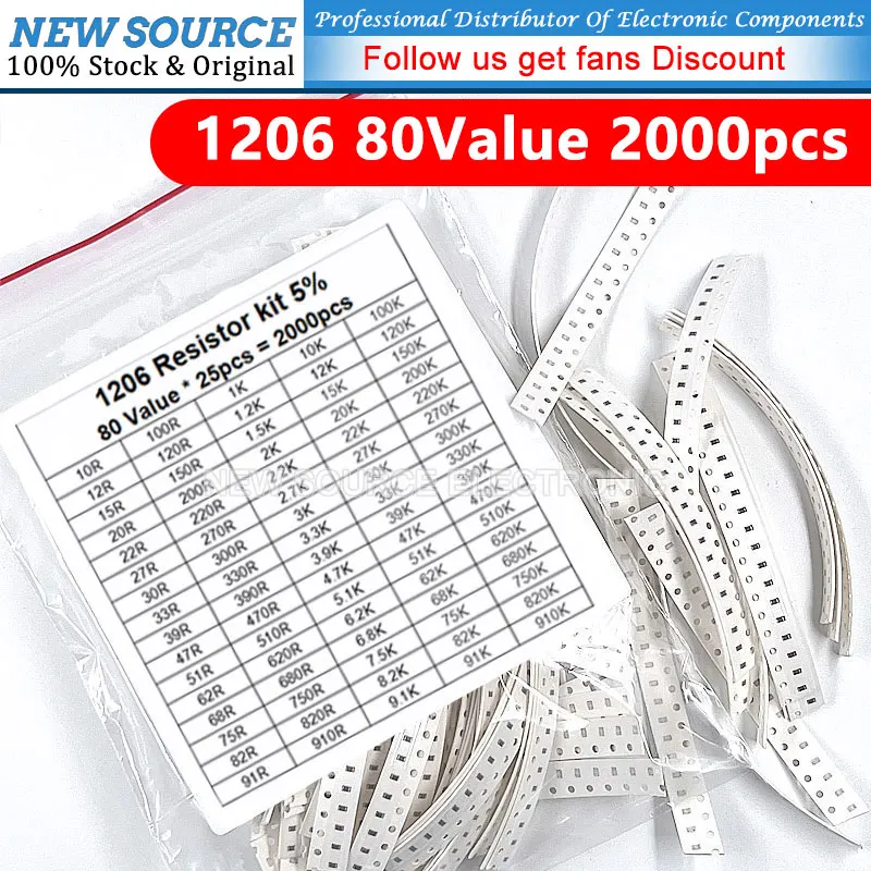 2000Pcs Set of Resistors 1206 SMD Resistor Assorted Kit 1R - 1M Ohm 5% 80 Values X 25Pcs Sample 1 10 100 6.2 62 620 470 330 K R