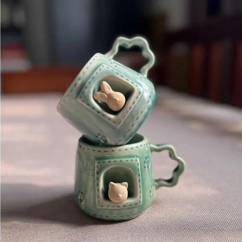 3D Cute Animal Cup Pink Blue Creative Personalized Ceramic Handmade Mark Cup Animal Footprints Couple Coffee Cups