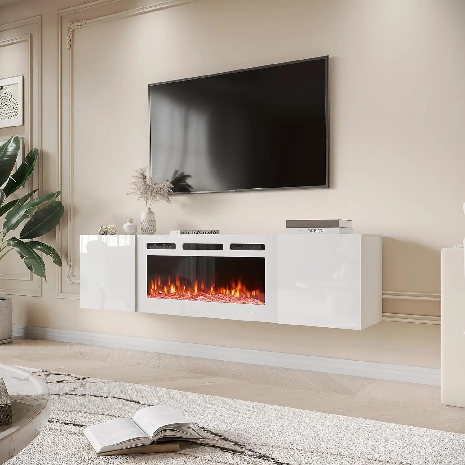 70'' Floating TV Stand with 36'' Electric Fireplace,High Gloss Finish Entertainment Center with 12 Flame Fireplace Insert Heater