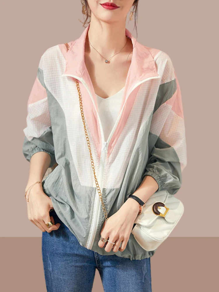 

Women's Summer 2023 Casual Lightweight Breathable UV Protection Outerwear Cardigan Collar Long Sve Zipper Closure Coat