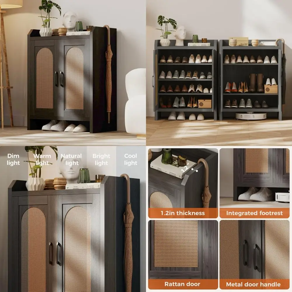

Rustic Wooden Shoe Cabinet with Rattan Storage for Entryway, Farmhouse Style with Doors and Shelves