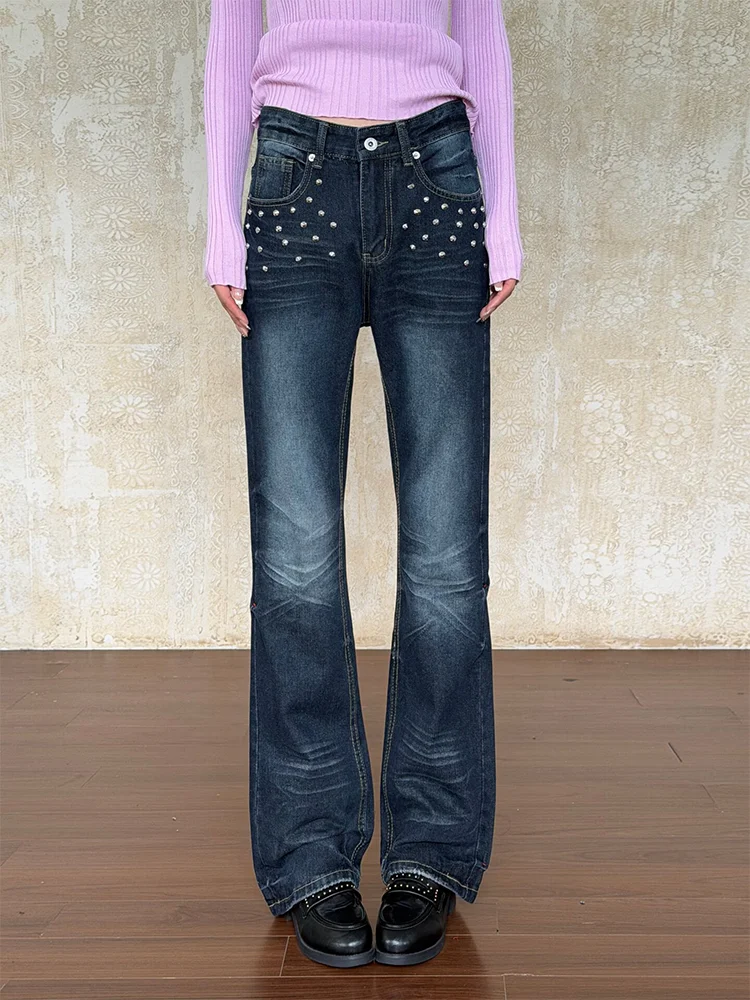 Retro American Large Size Jeans Low Waist Straight Leg Jeans with Rivets Washed out Bell Bottoms Casual Slimming Jeans