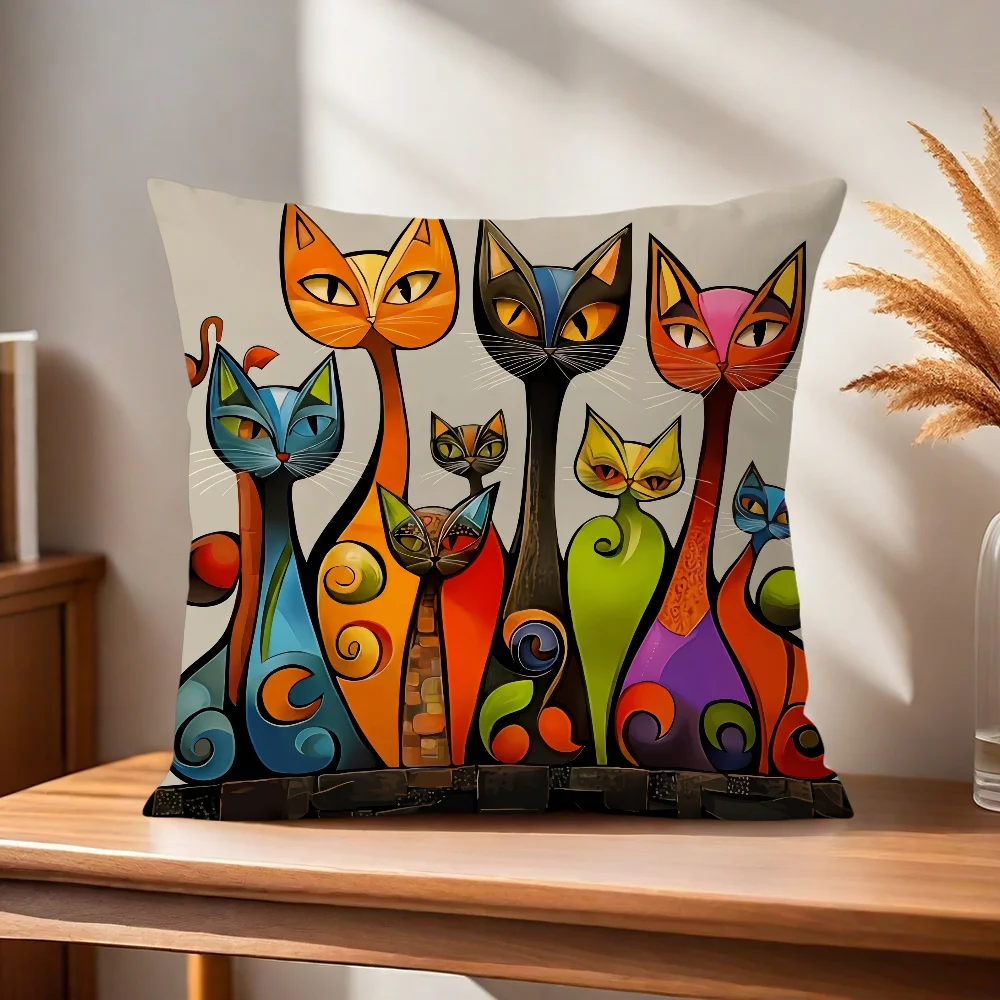 Bunter Katzen-Kunst-Kissenbezug für Zuhause, Sofa, Wohnzimmer, Büro, Café, Auto – Detail 7