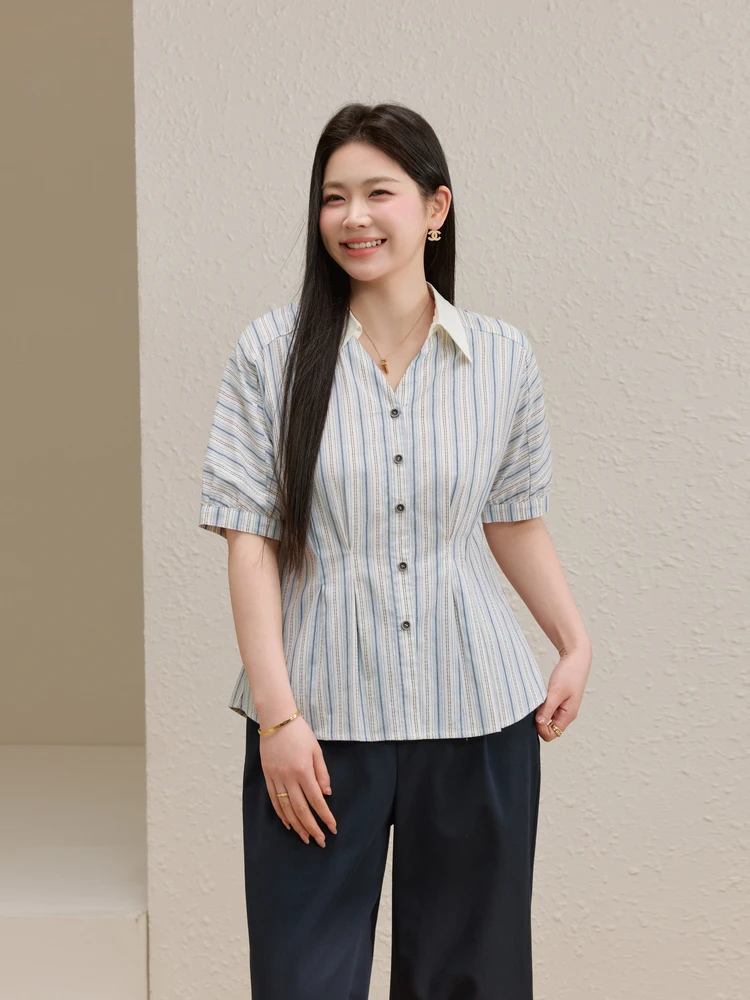 

Artistic Versatile Striped Shirt Large Size Women's Fashionable Collar Top Summer New Arrival Korean Style Slim Fit Cotton Blend