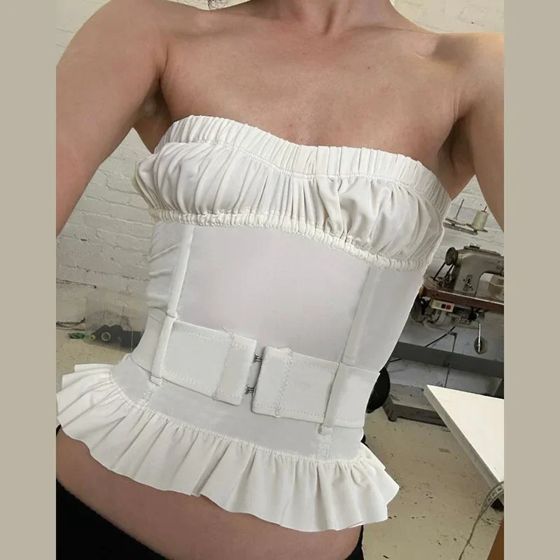 summer tube top women bandeau strapless tops belted corset bustier backless sexy streetwear white shirt ruffles pleated