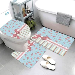 3 Pcs Pretty Pink Bow Bathroom Rug Set Ribbon Stripe Polka Dot Floral Pink Blue Love Gift Bath Mat Toilet Cover Bathroom Decor