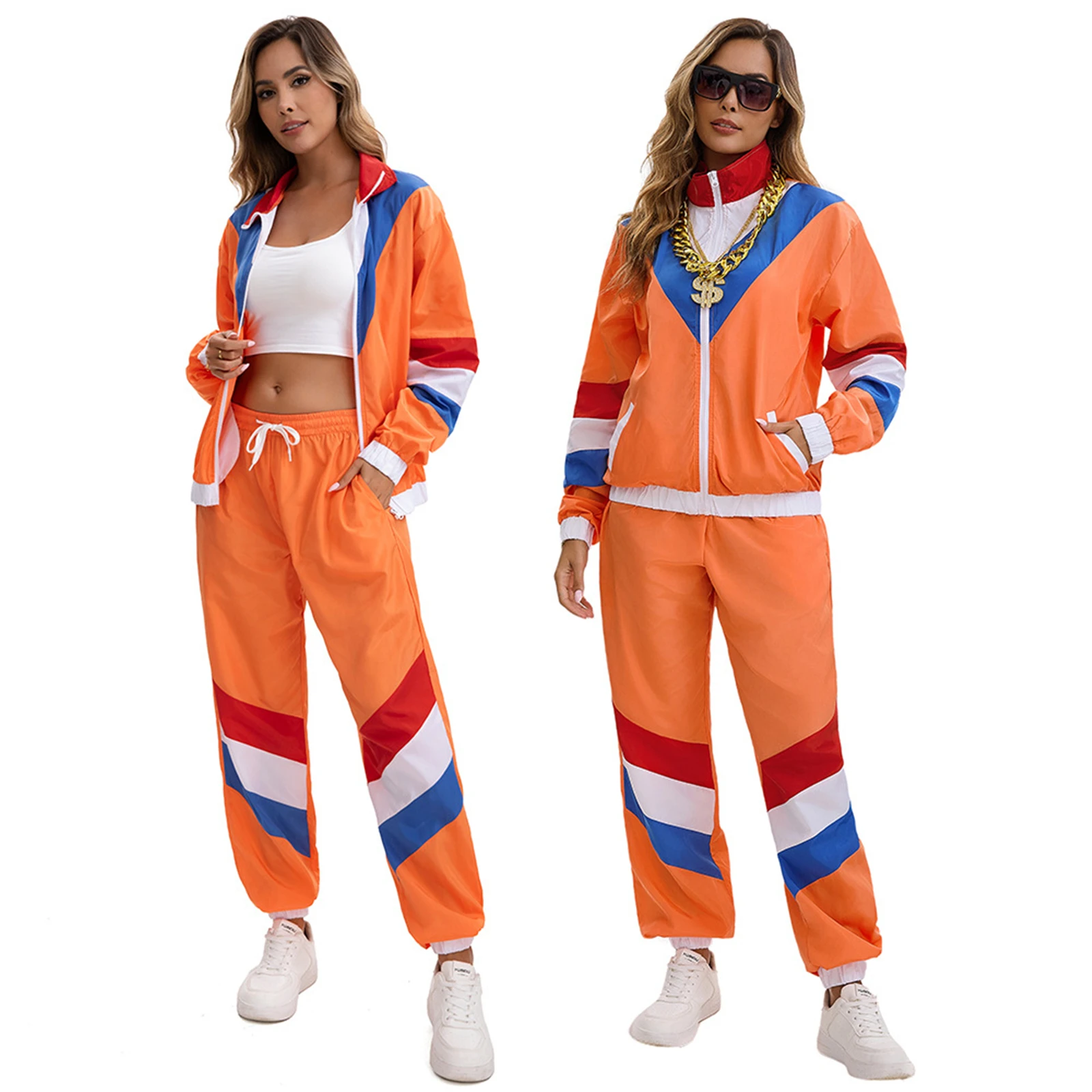 

2 PC 80s 90s Disco Sportswear Women Men Party Tracksuit Color Block Satin Hip Hop Sports Set Long Sleeve Windbreaker Jacket Set