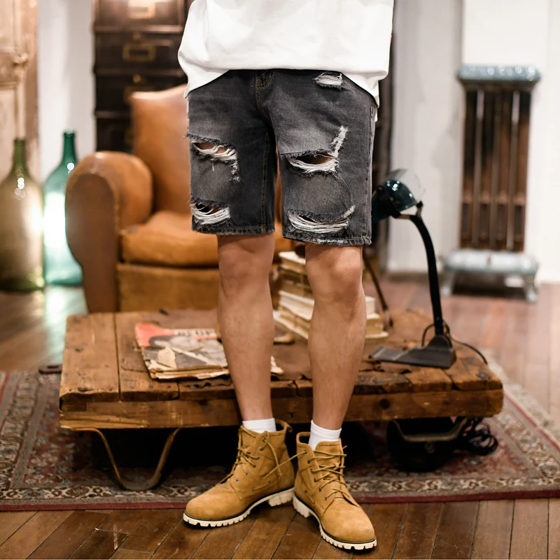 

Мужские джинсовые шорты MRCYC с эффектом потертости, уличный стиль, летние, корейские, прямые, модные, с эффектом потертости, повседневные, свободного кроя