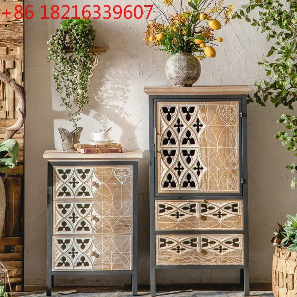 TAO American-Style Solid Wood Vintage Engraving Curio Cabinet Low Cabinet Living Room Wall Home Iron
