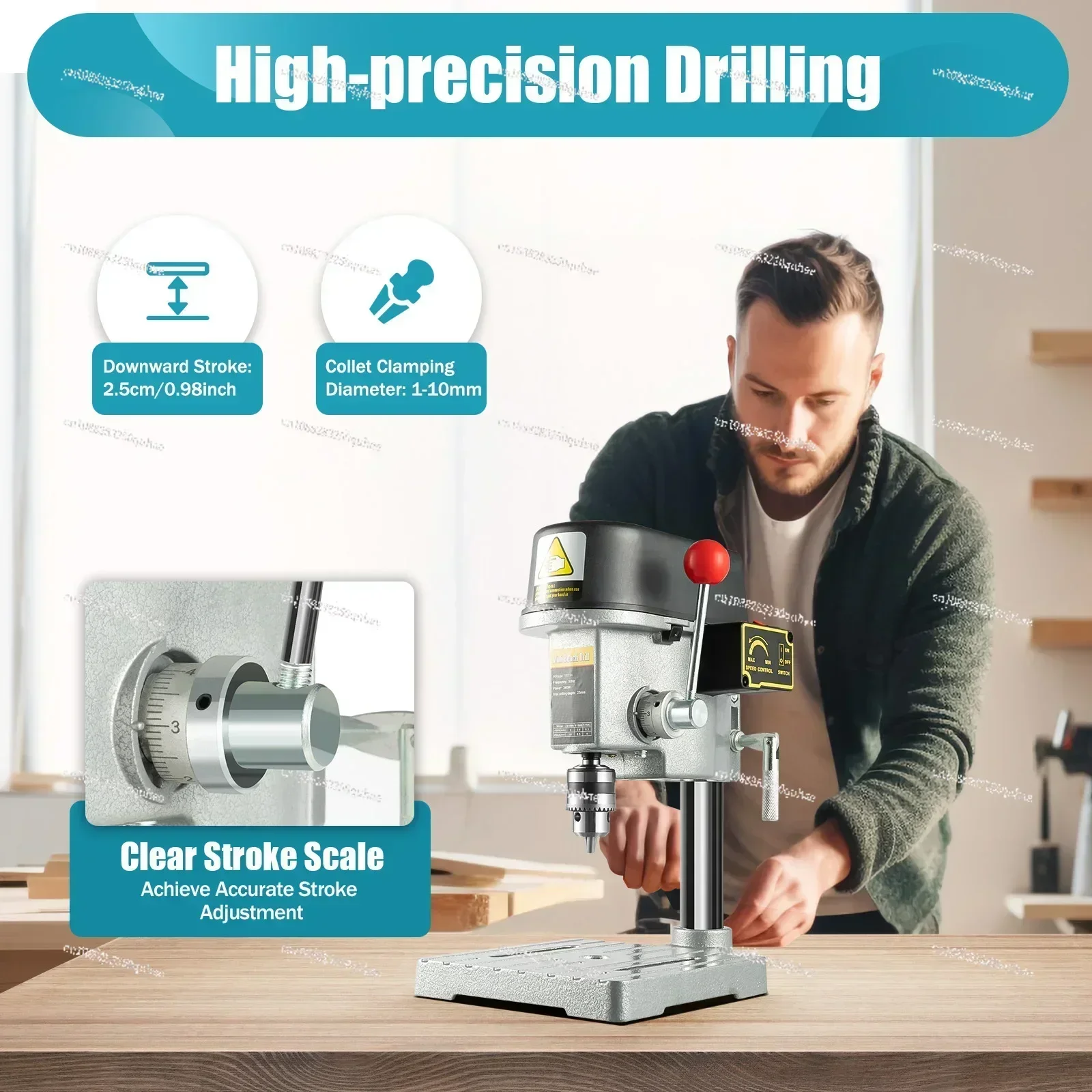 Mini Benchtop Drill Press 340W 110V Electric Wood Drilling Machine 1-10mm Clamp 3-Speed Adjustable High Speed Bench Drill Tool