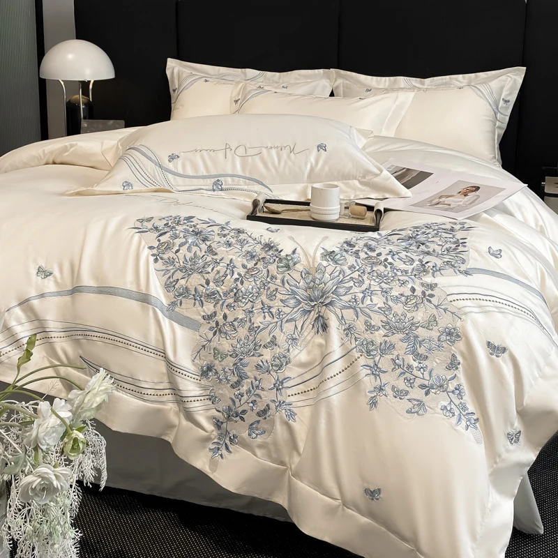 

100% Cotton Chic Butterfly Flowers Embroidery Luxury Bedding Set Duvet Cover Flat/Fitted Bed Sheet Pillowcases 4Pcs