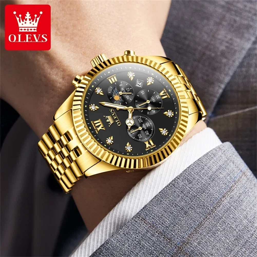 OLEVS New Original Men's Quartz Watches Luxury Golden Stainless Steel Watch for Men Moon Phase Waterproof Chronograph Wristwatch