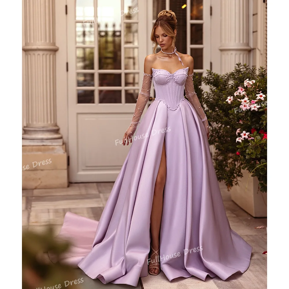 

Customized Sweetheart Collar Pleated A-line Side Split Lace up Back Evening Gown Beaded Pearls Draped Prom Dress with Train