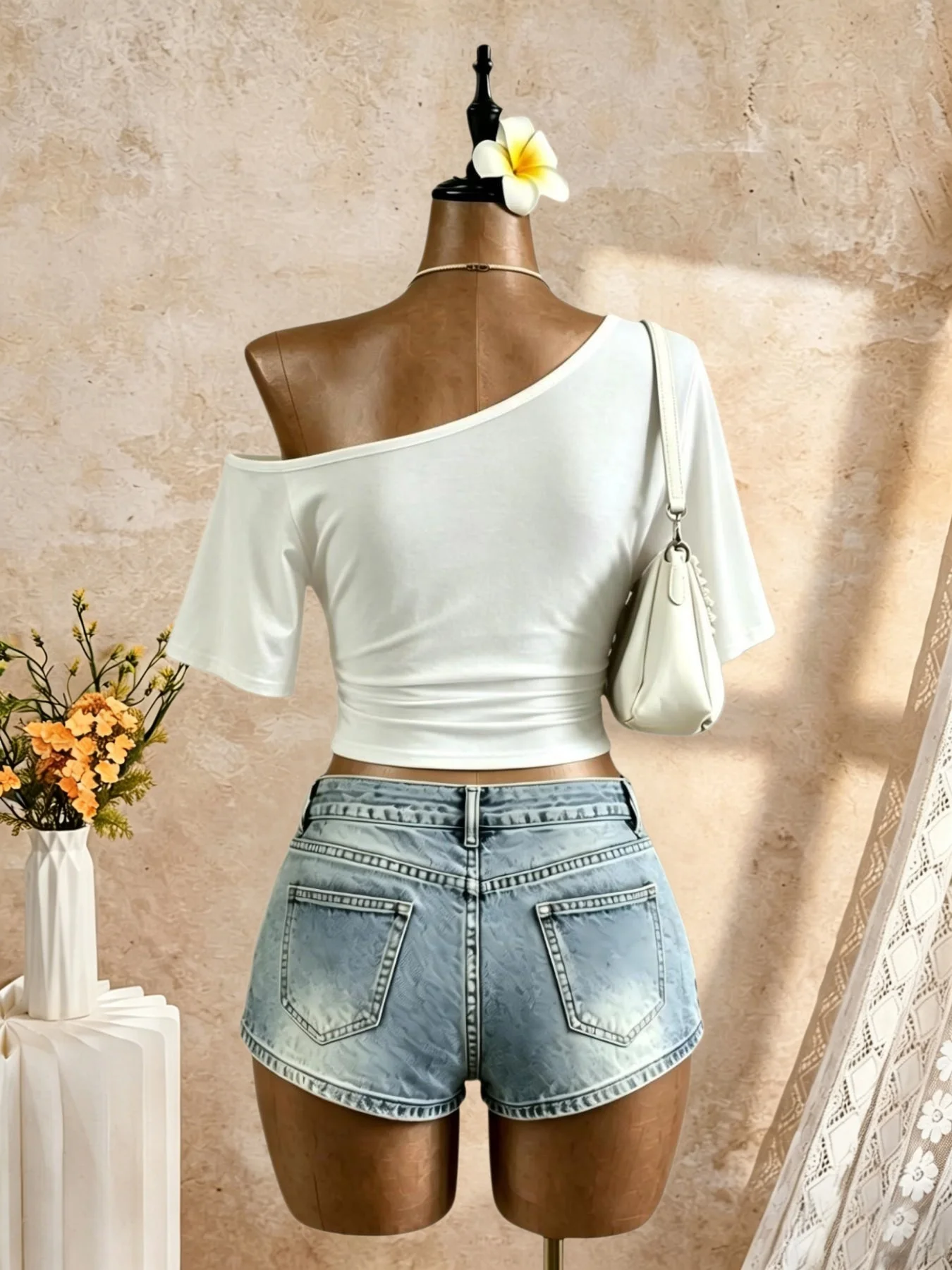Women One Shoulder Eyelet Metal Ring Cutout Short Sleeve Crop Top Side Ruched Slim Fit Y2K Casual Daily Streetwear Tees Tops