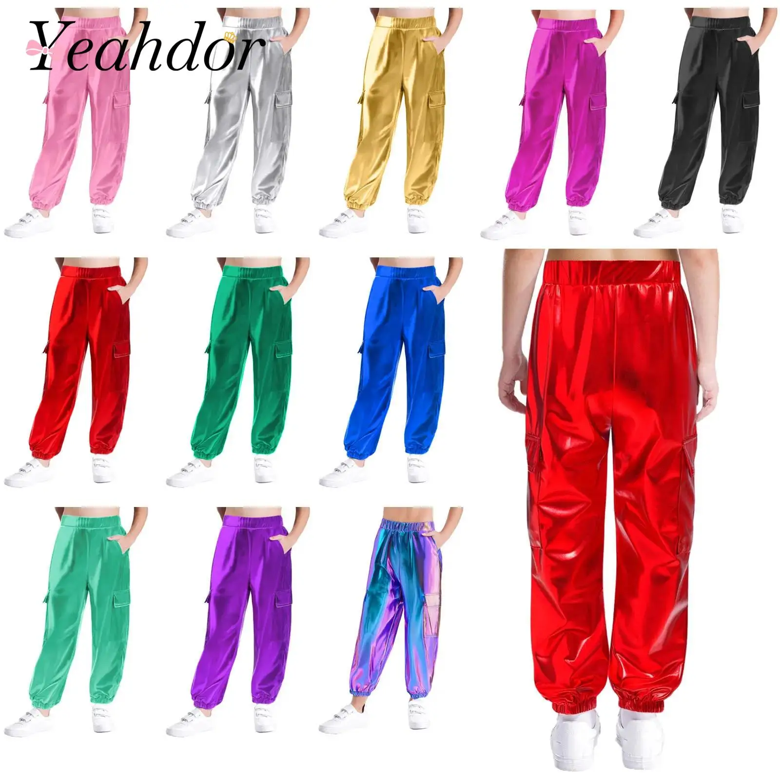 

Kids Boys Girls Metallic Shiny Cargo Pants Fashion Children Holographic Trousers Teens Hip-Hop Pants Street Jazz Dance Costume